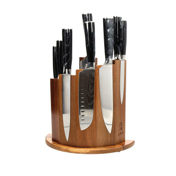 Couteaux Shinrai - Coffret de 9 couteaux en résine époxy onyx à motif damassé + bloc magnétique ; Couteaux Scalae - Coffret de couteaux en bois d'acacia avec bloc ; Couteaux Shinrai