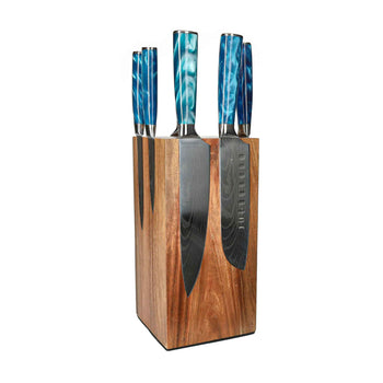 Cuchillos Shinrai - Juego de 6 cuchillos de zafiro con estampado de Damasco + Bloque para cuchillos Juego de cuchillos giratorios con bloque Cuchillos Shinrai