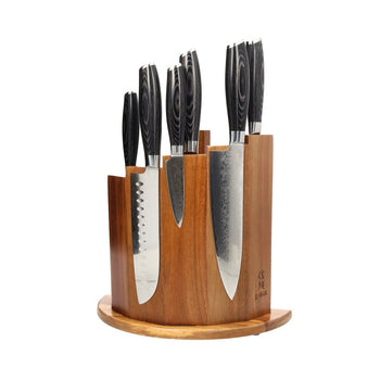 Shinrai Knives - Juego de 6 cuchillos de madera de Damasco Pakka + Bloque magnético para cuchillos Scalae - Juego de cuchillos de madera de acacia con bloque Shinrai Knives