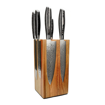 Cuchillos Shinrai - Juego de 6 cuchillos de madera de Damasco Pakka + Bloque para cuchillos Juego de cuchillos giratorios con bloque Cuchillos Shinrai