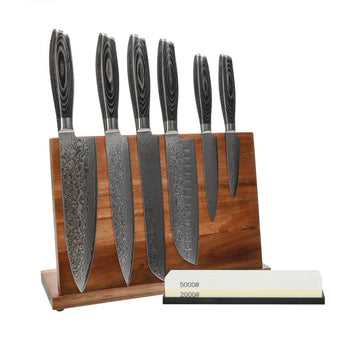 Cuchillos Shinrai - Juego de 6 cuchillos de madera de Damasco Pakka + Bloque para cuchillos + Piedra de afilar Juego de cuchillos con bloque y piedra de afilar Cuchillos Shinrai