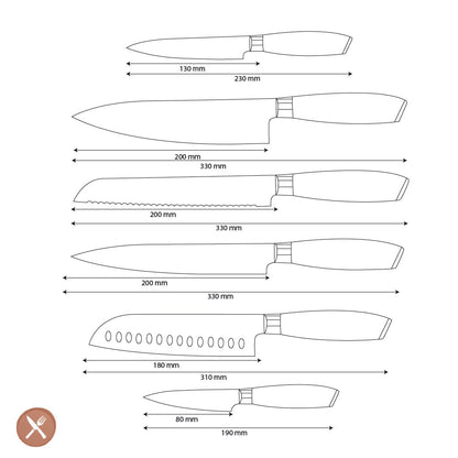 Shinrai Knives - Damast Pakka Wood 6-delige Messenset + Messenblok Stans Messenset met blok Shinrai Knives 