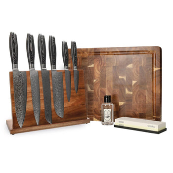 Couteaux Shinrai - Coffret complet en bois de Damas Pakka - Ensemble de couteaux complet avec bloc, planche à découper et pierre à aiguiser 
