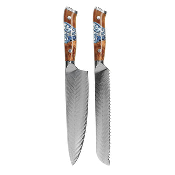Cuchillos Shinrai - Juego de cuchillos de Damasco Eclipse de 2 piezas - Cuchillo de chef + Cuchillo para pan Juego de cuchillos Shinrai