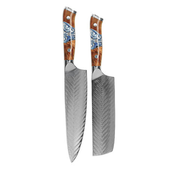 Cuchillos Shinrai - Juego de cuchillos de Damasco Eclipse de 2 piezas - Juego de cuchillo de chef + cuchillo nakiri Shinrai Knives