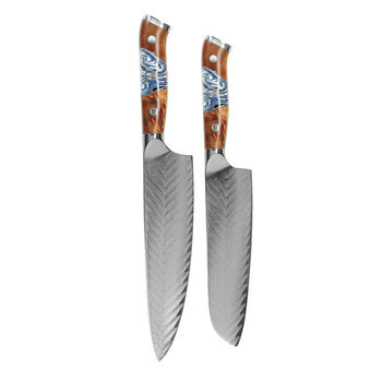 Shinrai Knives - Juego de cuchillos de Damasco Eclipse de 2 piezas - Cuchillo de chef + cuchillo Santoku Juego de cuchillos Shinrai Knives