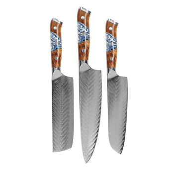 Shinrai Knives - Juego de cuchillos de Damasco Eclipse de 3 piezas - Juego de cuchillos de chef + nakiri + santoku Shinrai Knives