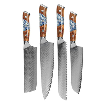 Cuchillos Shinrai - Juego de cuchillos de Damasco Eclipse de 4 piezas - Cuchillo de chef + Nakiri + Santoku + Cuchillo para pan Juego de cuchillos Shinrai