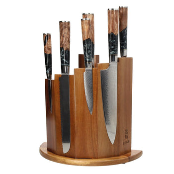 Couteaux Shinrai - Coffret de 6 couteaux damassés en époxy onyx + bloc magnétique ; Couteaux Scalae - Coffret de couteaux en bois d'acacia avec bloc ; Couteaux Shinrai