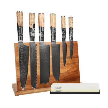 Shinrai Knives - Juego de 6 cuchillos Epoxy Onyx + Bloque para cuchillos + Piedra de afilar Juego de cuchillos con bloque y piedra de afilar Shinrai Knives