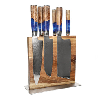 Shinrai Knives - Juego de 6 cuchillos Epoxy Sapphire + Bloque de cuchillos de doble filo Cito Juego de cuchillos con bloque Shinrai Knives