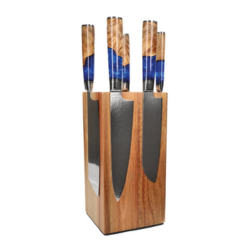 Couteaux Shinrai - Coffret de 6 couteaux en résine époxy saphir + bloc à couteaux - Coffret de couteaux rotatifs avec bloc - Couteaux Shinrai