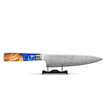 Cuchillos Shinrai - Cuchillo de chef de acero damasco con zafiro y resina epoxi de 20 cm