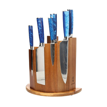 Couteaux Shinrai - Coffret de 6 couteaux en acier damassé saphir époxy + bloc magnétique ; Couteaux Scalae - Coffret de couteaux en bois d'acacia avec bloc ; Couteaux Shinrai