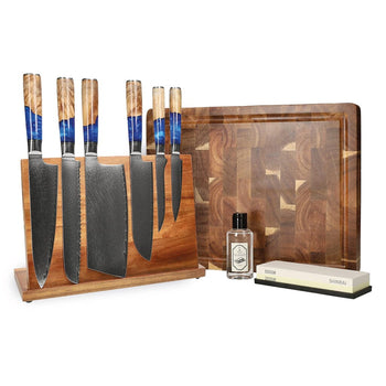 Cuchillos Shinrai - Paquete Mega Epoxy Sapphire - Todo lo que necesitas: Juego de cuchillos con bloque, tabla de cortar y piedra de afilar. Cuchillos Shinrai 