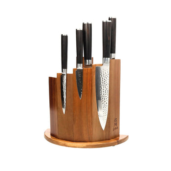 Couteaux Shinrai - Coffret de 5 couteaux en acier damassé martelé BR + bloc magnétique Scalae - Coffret de couteaux en acacia avec bloc Couteaux Shinrai