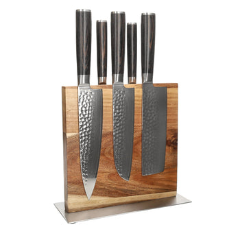 Couteaux Shinrai - Coffret de 5 couteaux en acier damassé martelé BR + Bloc de couteaux double face Cito avec bloc
