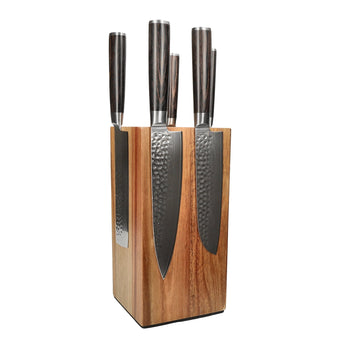Cuchillos Shinrai - Juego de cuchillos de Damasco martillado BR de 5 piezas + Bloque para cuchillos Juego de cuchillos giratorios con bloque Cuchillos Shinrai