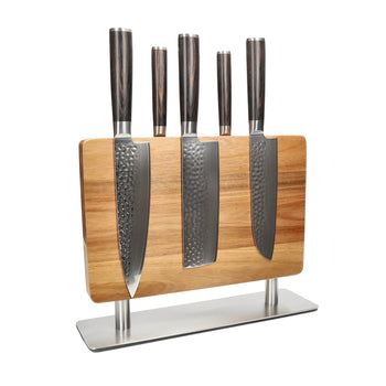 Cuchillos Shinrai - Juego de cuchillos de Damasco martillado BR de 5 piezas + Bloque para cuchillos Juego de cuchillos troquelados con bloque Cuchillos Shinrai
