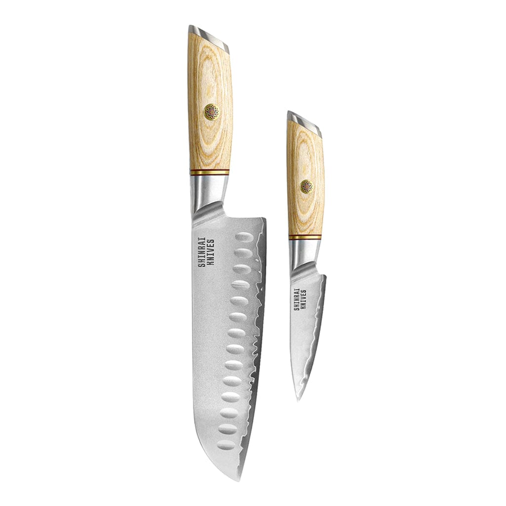Cuchillos Shinrai - Juego de 2 piezas de acero damasco Hikari - Santoku + Cuchillo pelador Juego de cuchillos Shinrai