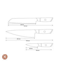 Juego de cuchillos Shinrai - Hikari Damascus de 3 piezas - Cuchillo de chef + Cuchillo de pan + Cuchillo pelador. Juego de cuchillos Shinrai.