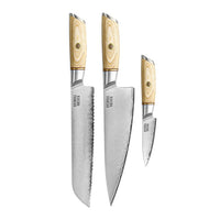 Juego de cuchillos Shinrai - Hikari Damascus de 3 piezas - Cuchillo de chef + Cuchillo de pan + Cuchillo pelador. Juego de cuchillos Shinrai.