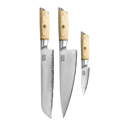 Juego de cuchillos Shinrai - Hikari Damascus de 3 piezas - Cuchillo de chef + Cuchillo de pan + Cuchillo pelador. Juego de cuchillos Shinrai.