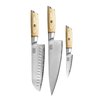 Couteaux Shinrai - Coffret 3 pièces Hikari Damascus - Couteau de chef + Santoku + Couteau d'office Coffret de couteaux Couteaux Shinrai