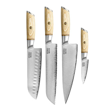 Shinrai Knives - Juego de 4 piezas Hikari Damascus - Cuchillo chef + Santoku + Cuchillo para pan + Cuchillo pelador Shinrai Knives Knife Set
