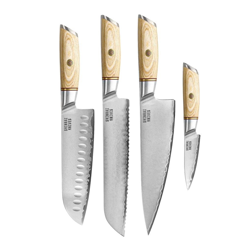 Shinrai Knives - Juego de 4 piezas Hikari Damascus - Cuchillo chef + Santoku + Cuchillo para pan + Cuchillo pelador Shinrai Knives Knife Set