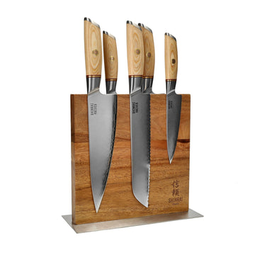 Cuchillos Shinrai - Juego de 5 cuchillos Hikari Damascus + Bloque de cuchillos Cito de doble cara Juego de cuchillos con bloque Cuchillos Shinrai