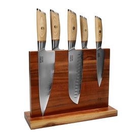 Cuchillos Shinrai - Juego de 5 cuchillos Hikari Damascus + Bloque de cuchillos de doble cara Juego de cuchillos con bloque Cuchillos Shinrai