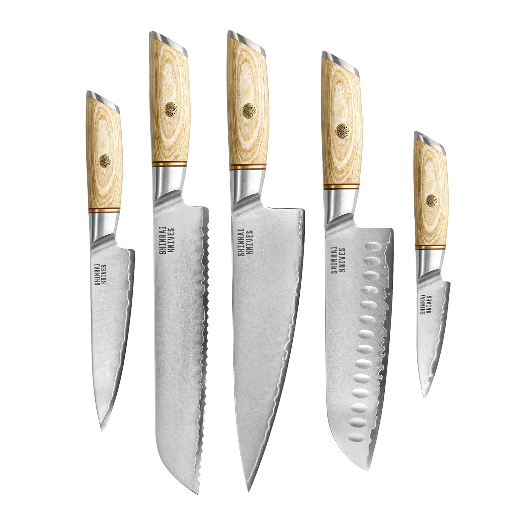 Cuchillos Shinrai - Juego de 5 cuchillos Hikari Damascus + Bloque de cuchillos de doble cara Juego de cuchillos con bloque Cuchillos Shinrai
