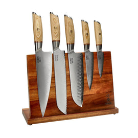 Cuchillos Shinrai - Juego de 5 cuchillos Hikari Damascus + Bloque para cuchillos de un solo filo Juego de cuchillos con bloque Cuchillos Shinrai