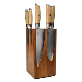Cuchillos Shinrai - Juego de 5 cuchillos Hikari Damascus + Bloque para cuchillos Juego de cuchillos giratorios con bloque Cuchillos Shinrai