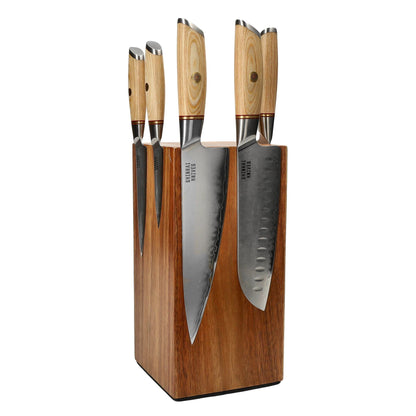 Cuchillos Shinrai - Juego de 5 cuchillos Hikari Damascus + Bloque para cuchillos Juego de cuchillos giratorios con bloque Cuchillos Shinrai