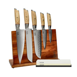 Shinrai Knives - Juego de 5 cuchillos Hikari Damascus + Bloque para cuchillos + Piedra de afilar Juego de cuchillos con bloque y piedra de afilar Shinrai Knives