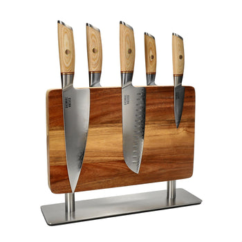 Couteaux Shinrai - Coffret de 5 couteaux Hikari Damascus + bloc à couteaux Coffret de couteaux Stans avec bloc Couteaux Shinrai