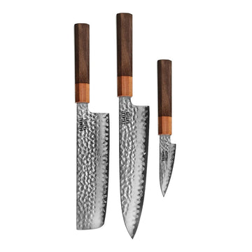 Cuchillos Shinrai - Juego de 3 piezas Damasco exclusivo de Kigami - Cuchillo chef + Nakiri + Cuchillo mondador Juego de cuchillos Shinrai Knives