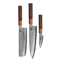Cuchillos Shinrai - Juego de 3 piezas Damasco exclusivo de Kigami - Cuchillo chef + Nakiri + Cuchillo mondador Juego de cuchillos Shinrai Knives