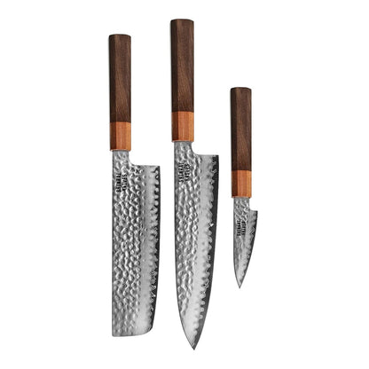 Cuchillos Shinrai - Juego de 3 piezas Damasco exclusivo de Kigami - Cuchillo chef + Nakiri + Cuchillo mondador Juego de cuchillos Shinrai Knives