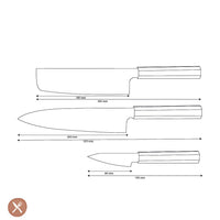 Cuchillos Shinrai - Juego de 3 piezas Damasco exclusivo de Kigami - Cuchillo chef + Nakiri + Cuchillo mondador Juego de cuchillos Shinrai Knives