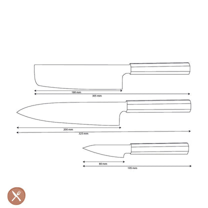 Cuchillos Shinrai - Juego de 3 piezas Damasco exclusivo de Kigami - Cuchillo chef + Nakiri + Cuchillo mondador Juego de cuchillos Shinrai Knives