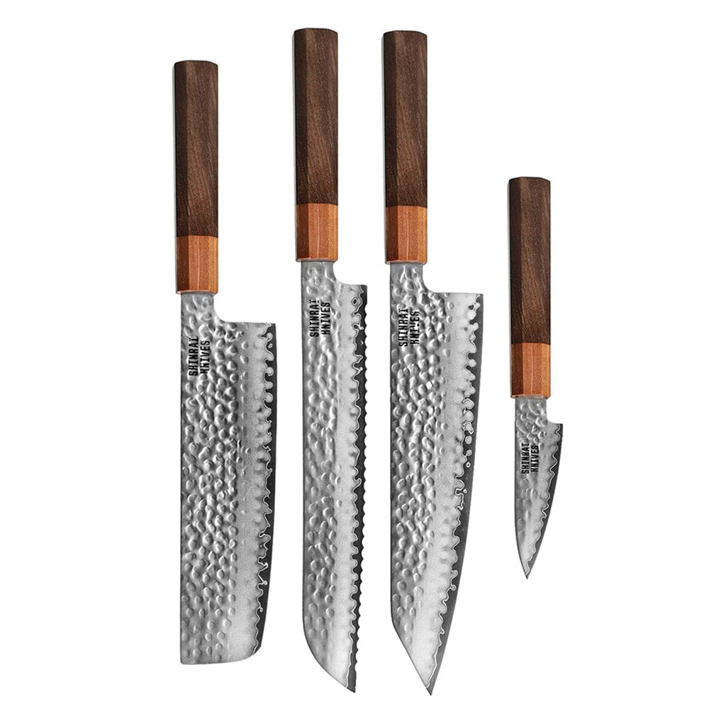 Cuchillos Shinrai - Juego de 4 piezas Damasco exclusivo de Kigami - Kiritsuke + Cuchillo para pan + Nakiri + Cuchillo pelador Juego de cuchillos Cuchillos Shinrai