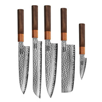 Cuchillos Shinrai - Juego de 5 piezas Damasco exclusivo de Kigami - Cuchillo de chef + Cuchillo para pan + Nakiri + Santoku + Cuchillo mondador Juego de cuchillos Shinrai Knives