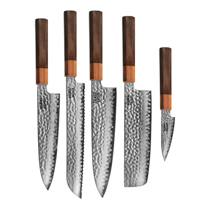 Cuchillos Shinrai - Juego de 5 piezas Damasco exclusivo de Kigami - Cuchillo de chef + Cuchillo para pan + Nakiri + Santoku + Cuchillo mondador Juego de cuchillos Shinrai Knives