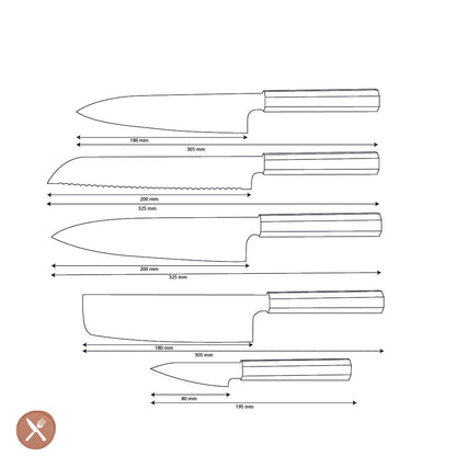 Cuchillos Shinrai - Juego de 5 piezas Damasco exclusivo de Kigami - Cuchillo de chef + Cuchillo para pan + Nakiri + Santoku + Cuchillo mondador Juego de cuchillos Shinrai Knives