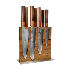 Cuchillos Shinrai - Juego de cuchillos exclusivos Kigami Damascus de 7 piezas + bloque de cuchillos Cito de doble cara Juego de cuchillos con bloque Cuchillos Shinrai