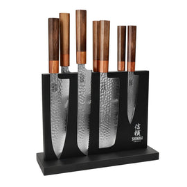 Cuchillos Shinrai - Juego de cuchillos exclusivos Kigami Damascus de 7 piezas + Bloque de cuchillos negro de doble cara Juego de cuchillos con bloque Cuchillos Shinrai