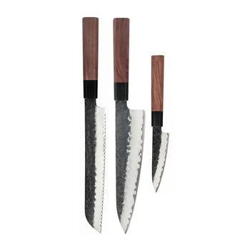 Juego de cuchillos Shinrai Knives - Kurayami de 3 piezas de acero de Damasco - Cuchillo de chef + Cuchillo para pan + Cuchillo pelador. Juego de cuchillos Shinrai Knives.
